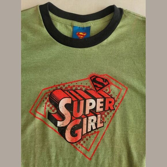 Super Girl Distressed Graphic Ringer Tee Juniors/Women's M - Olive Green New - Picture 2 of 11